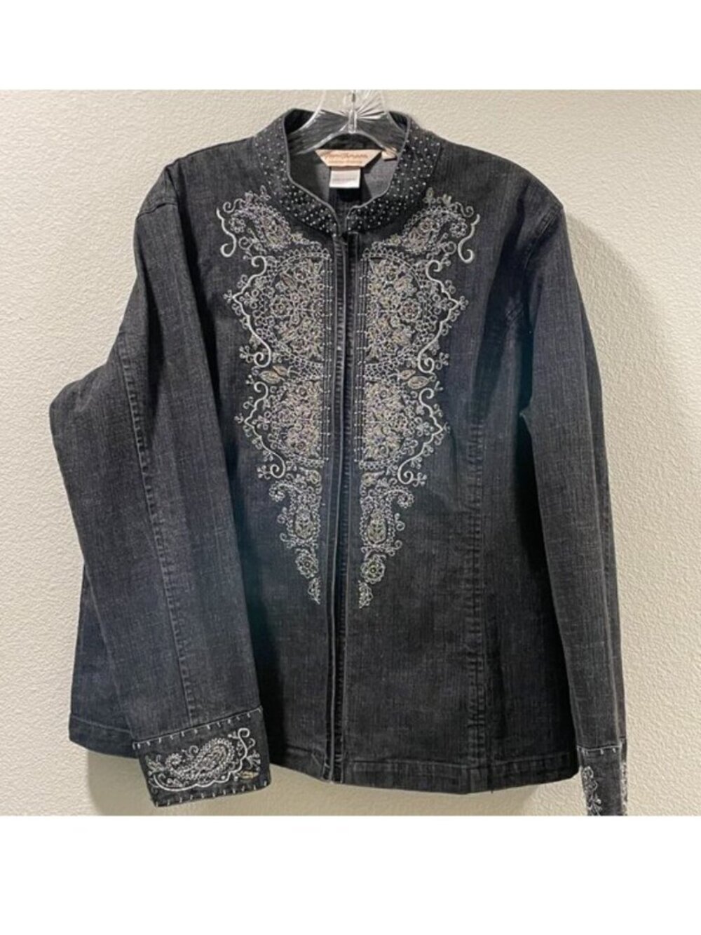 Vintage Norm Thompson Embroidered Beaded Denim Blazer Charcoal Women L EUC